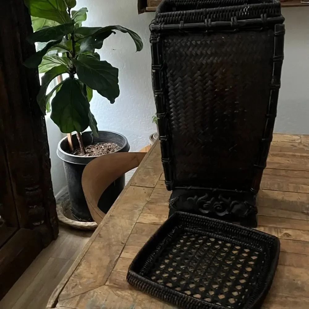 Vintage Chinese Footed Woven Rattan Storage Basket with Lid